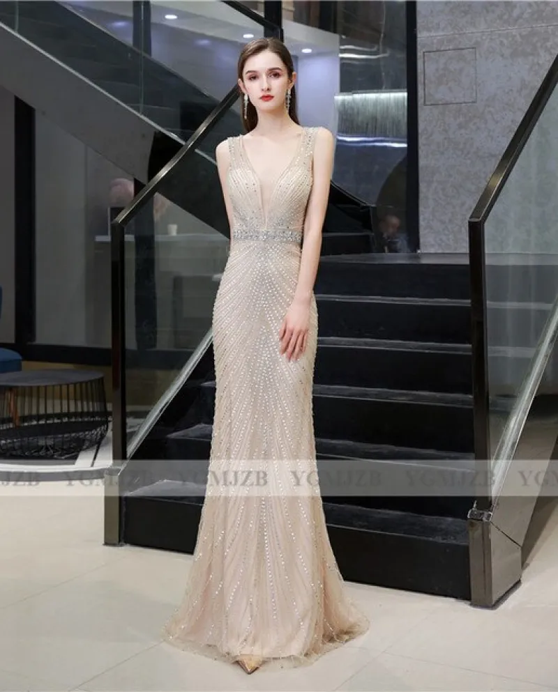 Abiti da sera dargento Dubai Abito da sera lungo con scollo a V a sirena da festa di lusso Abito formale da donna Abito da sera