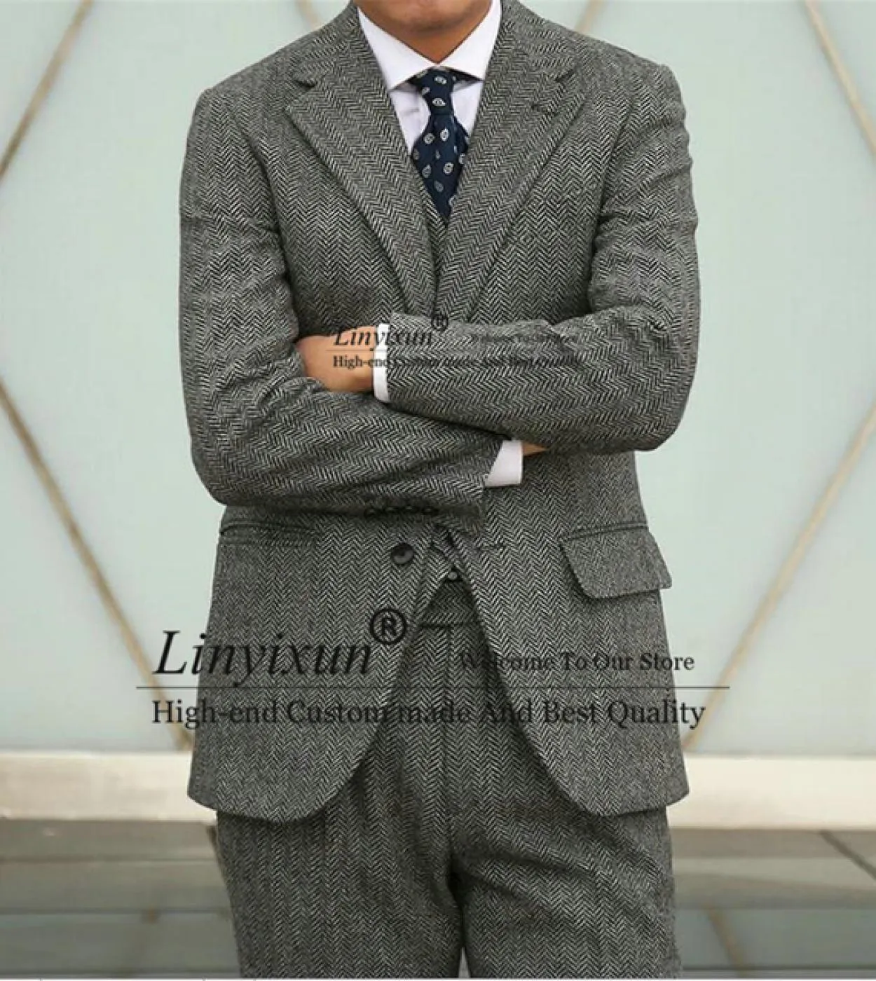 Abiti da uomo in tweed vintage a spina di pesce Abiti invernali da lavoro formali Blazer da sposo Smoking da sposa 3 pezzi Giacc