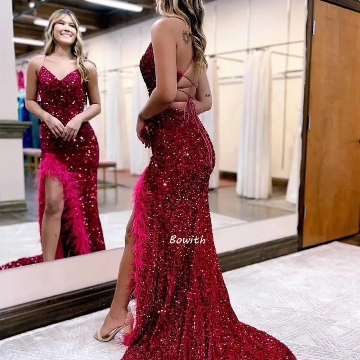 Abito da sera Sirena Piuma Abito Piume Prom Abiti formali Piume da sera