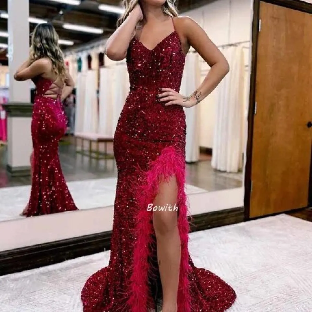 Abito da sera Sirena Piuma Abito Piume Prom Abiti formali Piume da sera