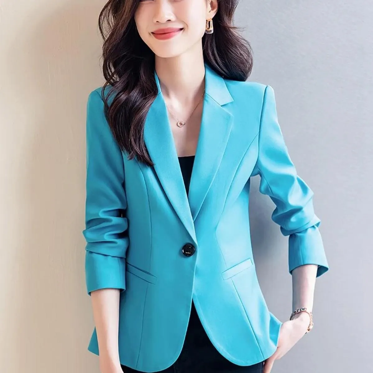 Blazer da donna blu albicocca da donna a maniche lunghe da donna, solido, sottile, da lavoro, da lavoro, giacca formale
