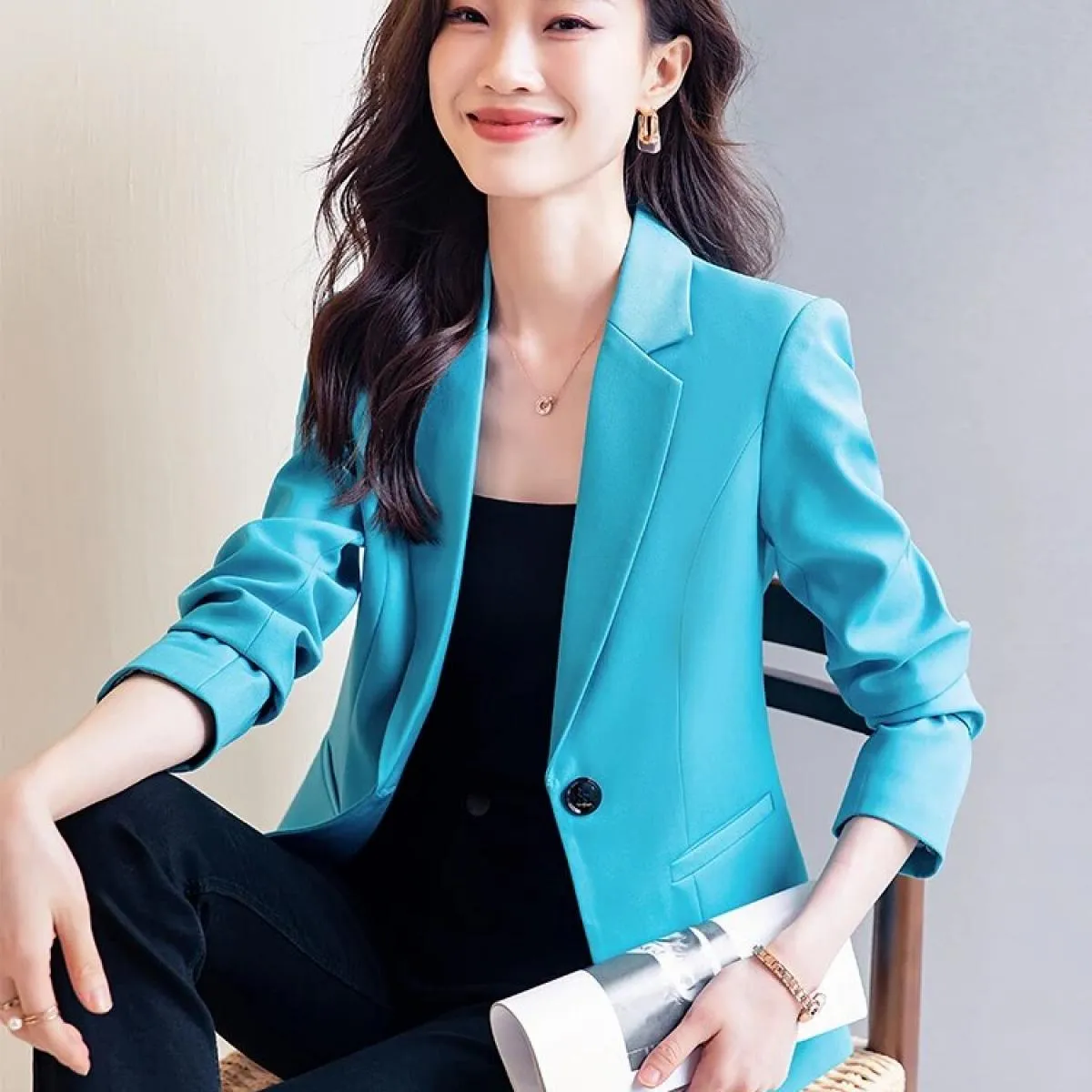 Blazer da donna blu albicocca da donna a maniche lunghe da donna, solido, sottile, da lavoro, da lavoro, giacca formale