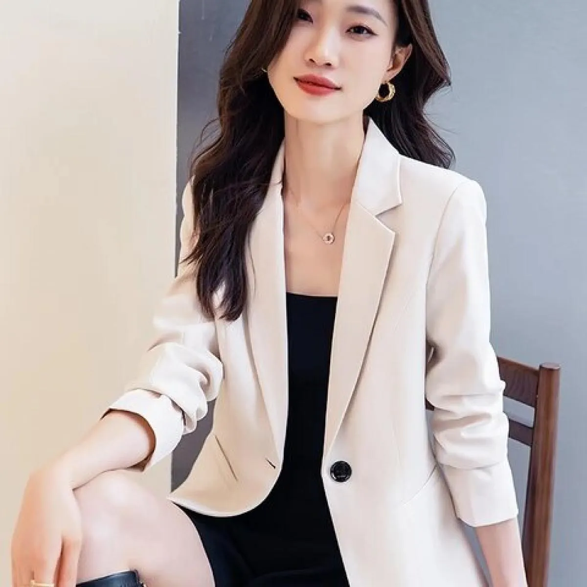Blazer da donna blu albicocca da donna a maniche lunghe da donna, solido, sottile, da lavoro, da lavoro, giacca formale