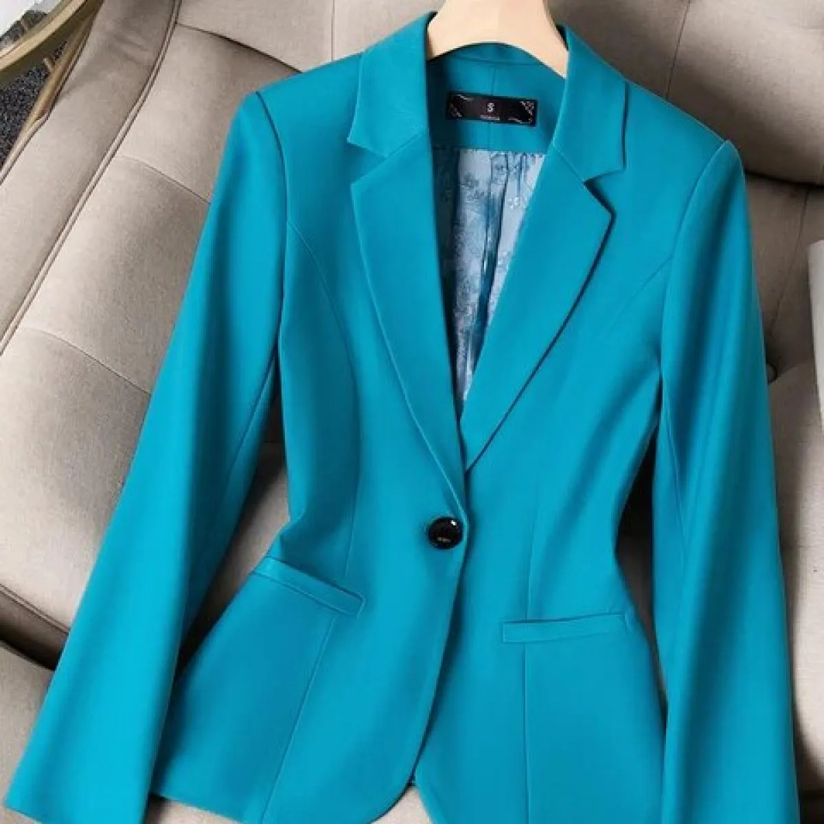 Blazer da donna blu albicocca da donna a maniche lunghe da donna, solido, sottile, da lavoro, da lavoro, giacca formale