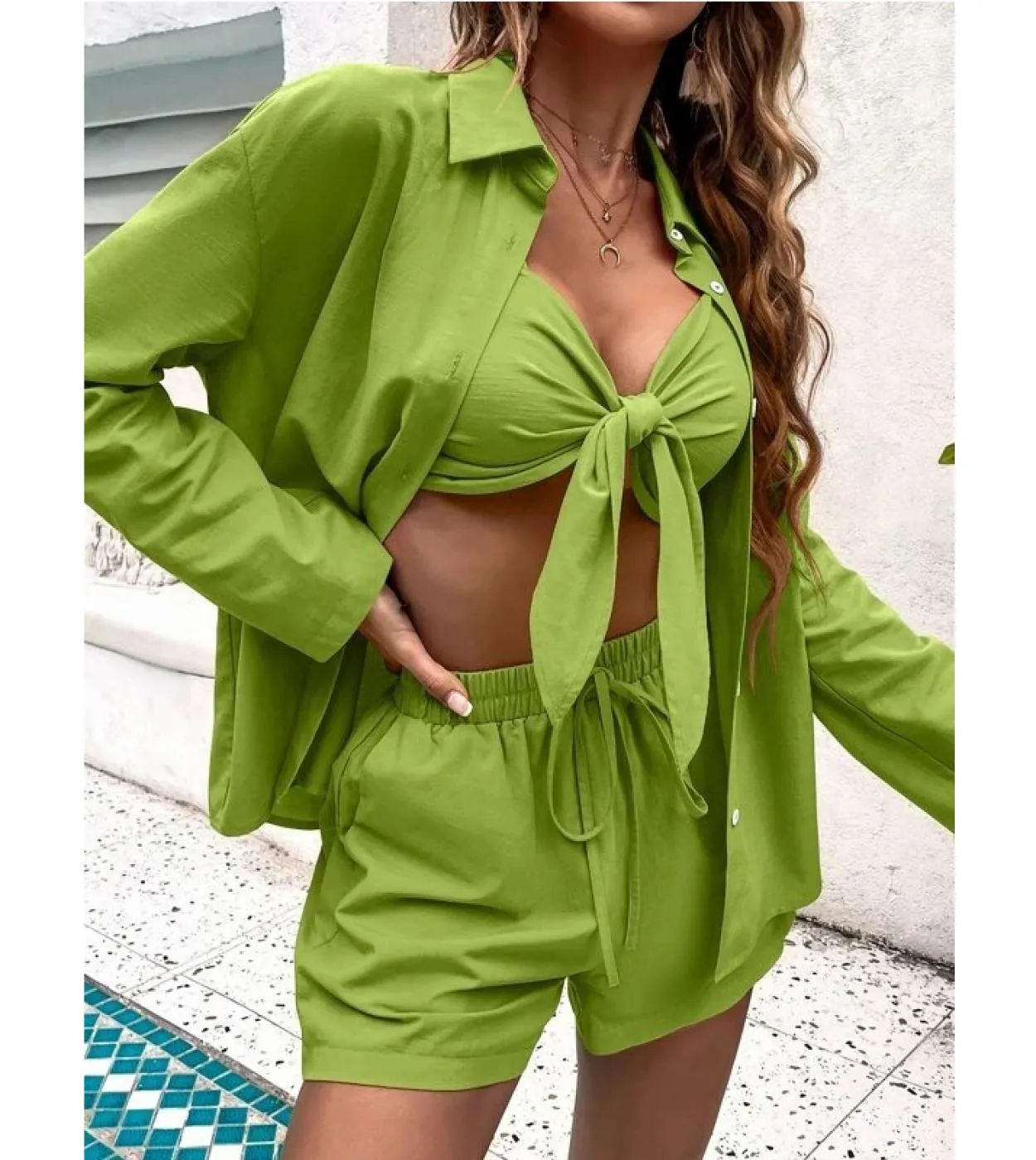 Camicie estive alla moda Donna Top senza spalline con fiocco e pantaloncini Completi da 3 pezzi Completi con coulisse Set di tre