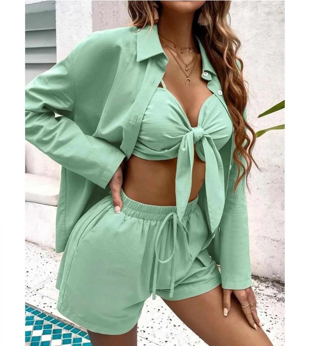 Camicie estive alla moda Donna Top senza spalline con fiocco e pantaloncini Completi da 3 pezzi Completi con coulisse Set di tre