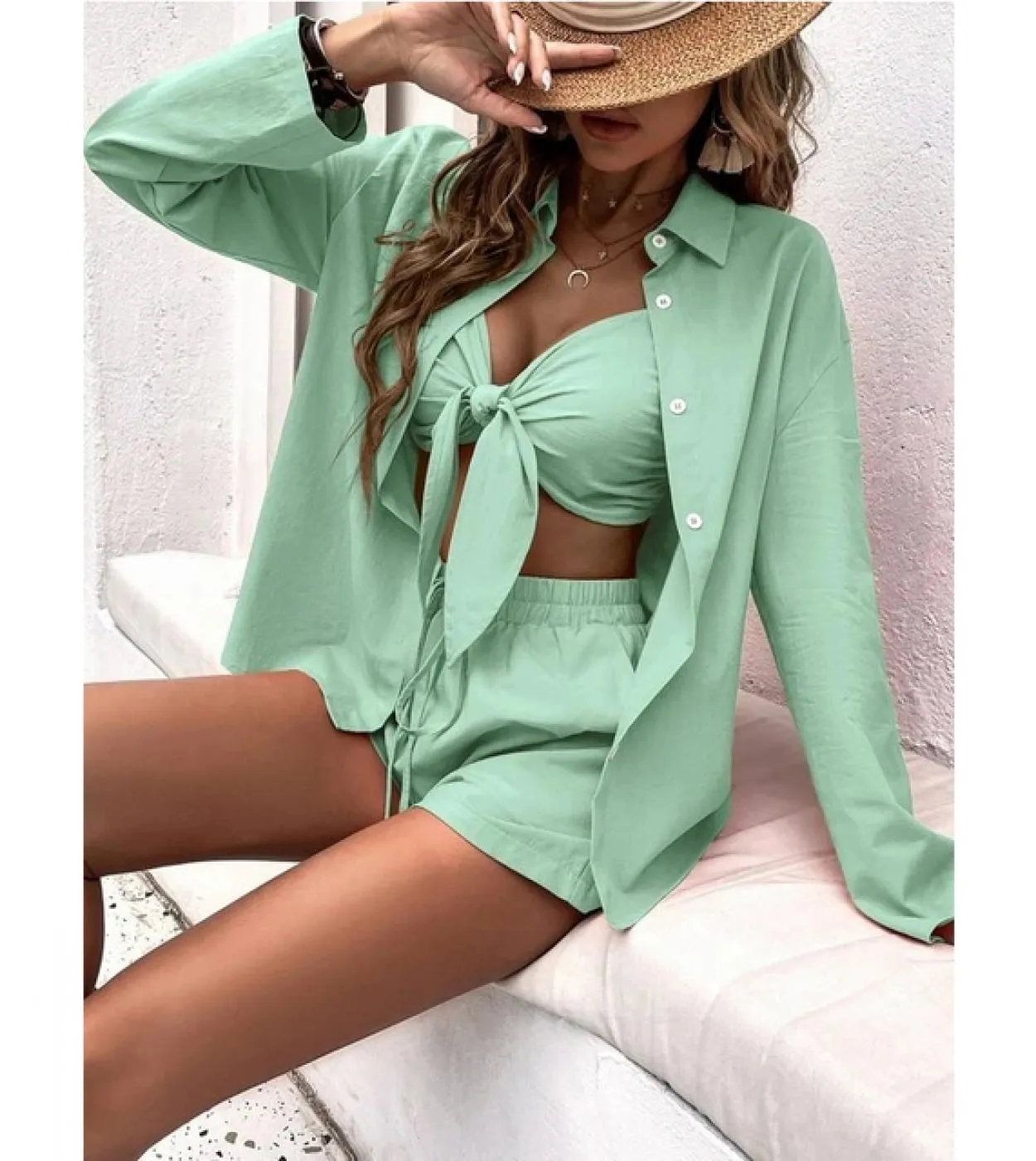 Camicie estive alla moda Donna Top senza spalline con fiocco e pantaloncini Completi da 3 pezzi Completi con coulisse Set di tre