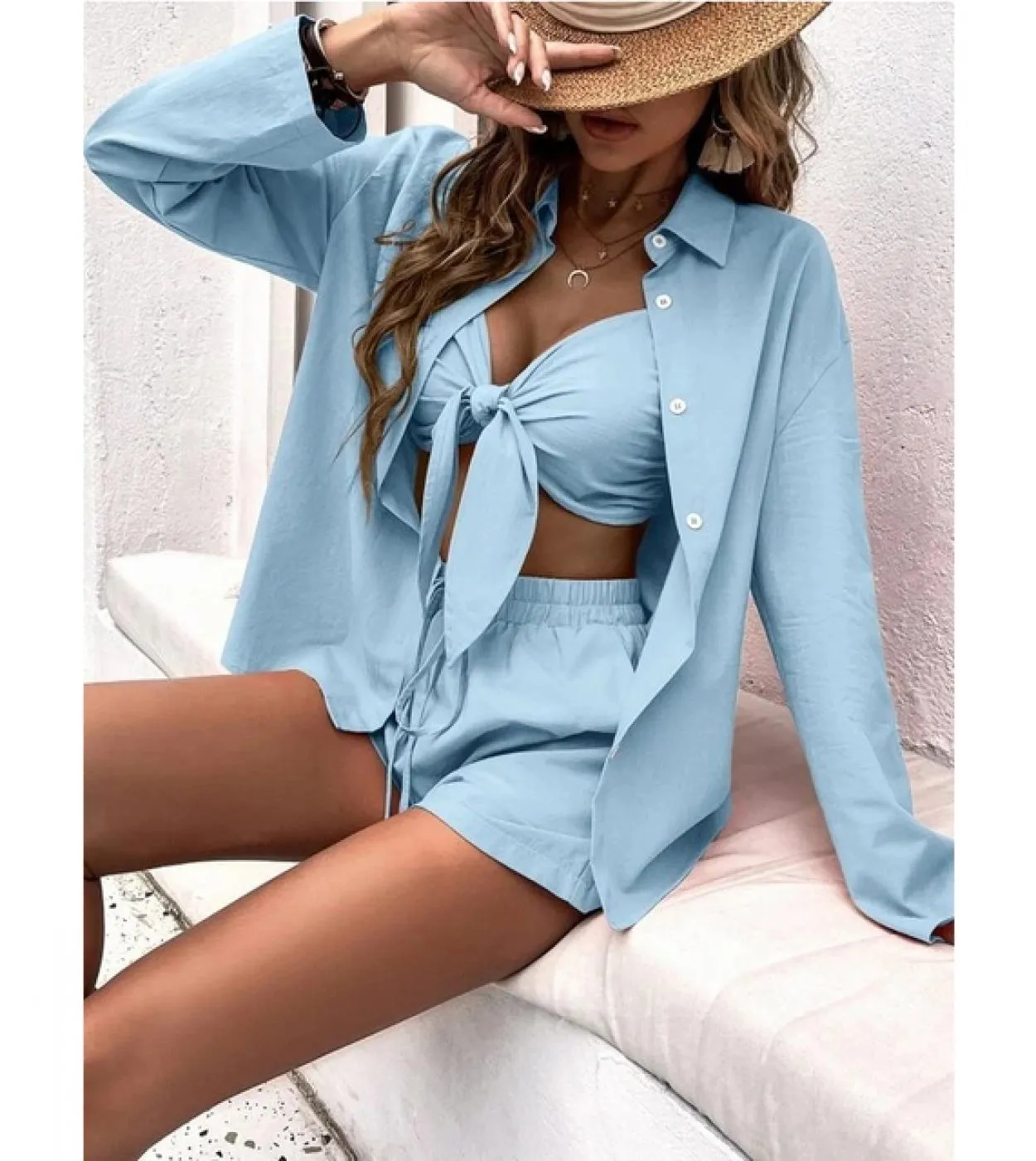 Camicie estive alla moda Donna Top senza spalline con fiocco e pantaloncini Completi da 3 pezzi Completi con coulisse Set di tre