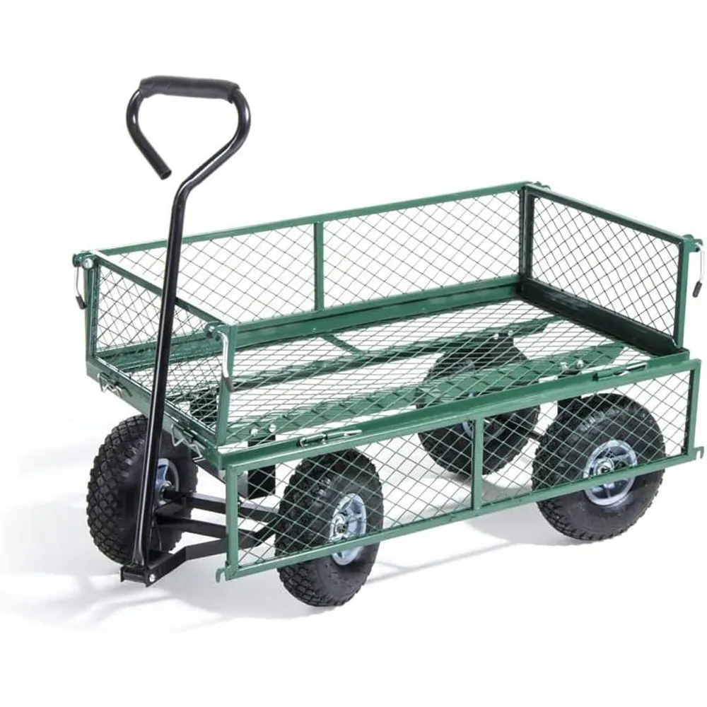 CARRELLO GIARDINO 4 RUOTE SPONDE RIBALTABILI METALLO 90x50x52.5cm 