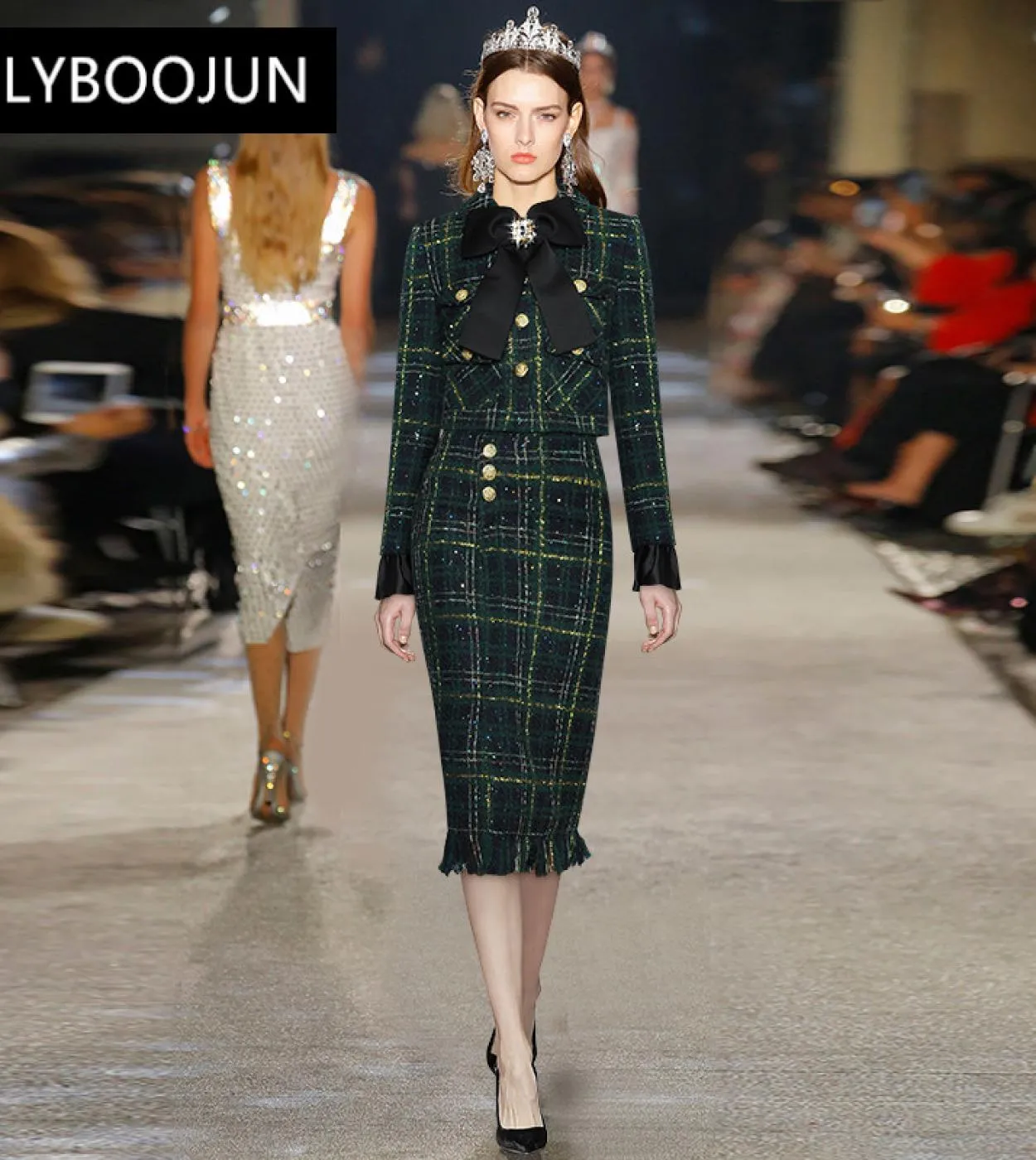 Completi da due pezzi Completi da donna Completi invernali in tweed scozzese Completi da donna Giacca a maniche lunghe con perli