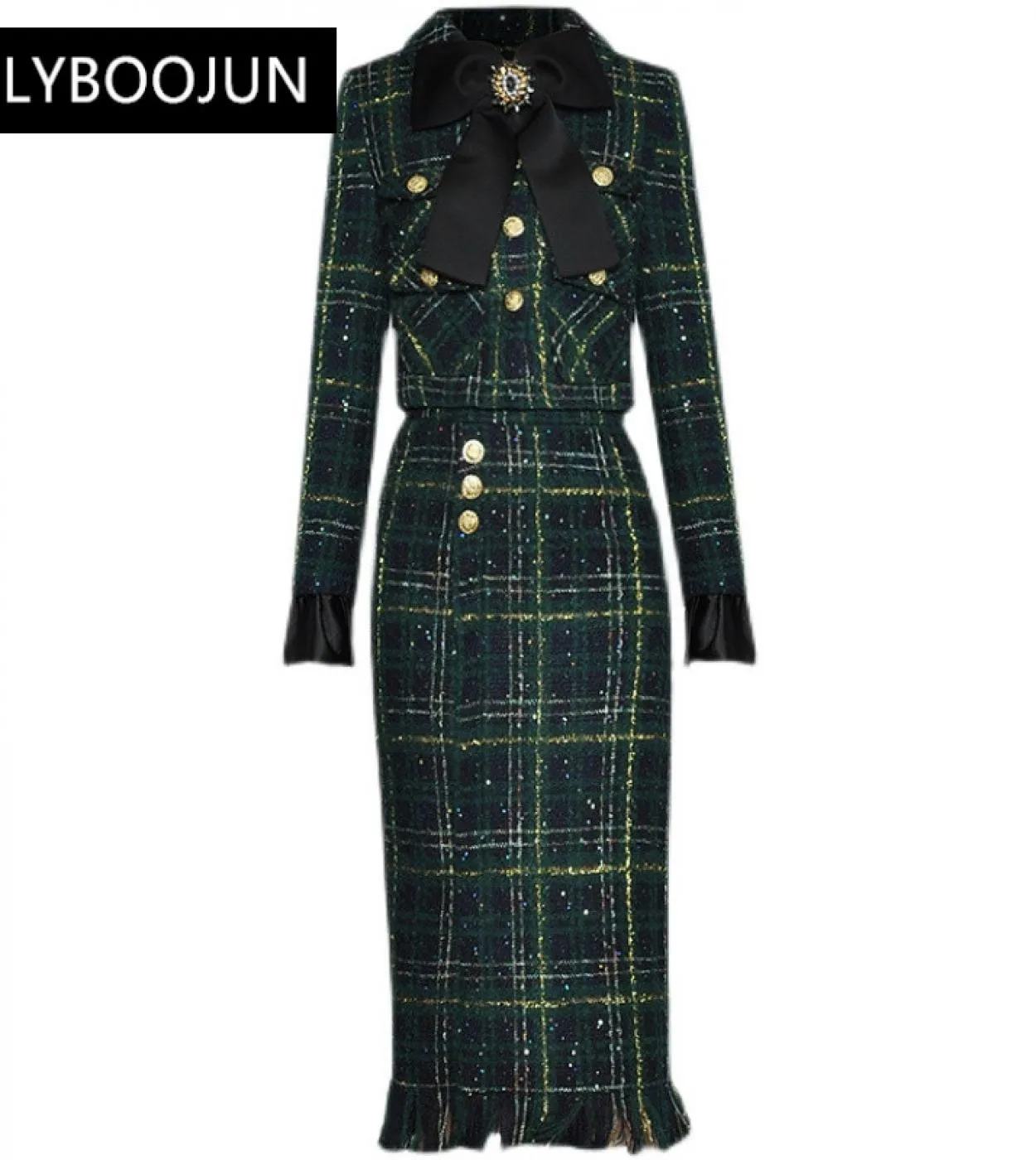 Completi da due pezzi Completi da donna Completi invernali in tweed scozzese Completi da donna Giacca a maniche lunghe con perli