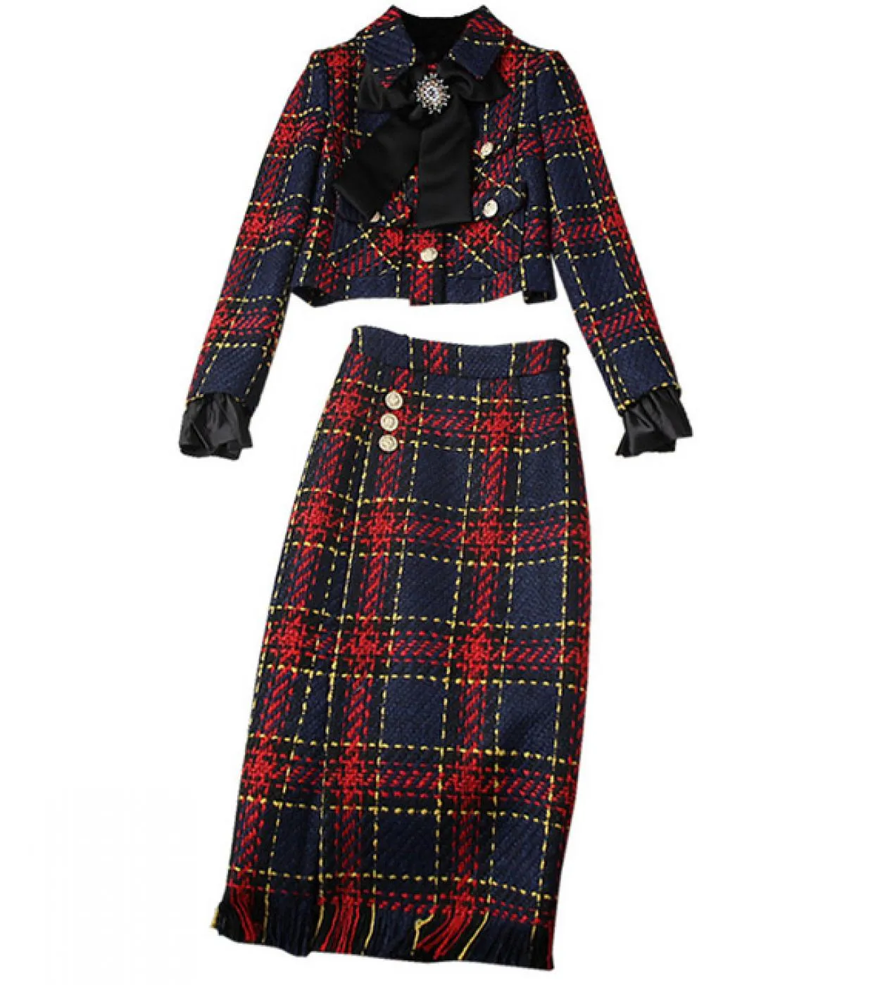 Completi da due pezzi Completi da donna Completi invernali in tweed scozzese Completi da donna Giacca a maniche lunghe con perli
