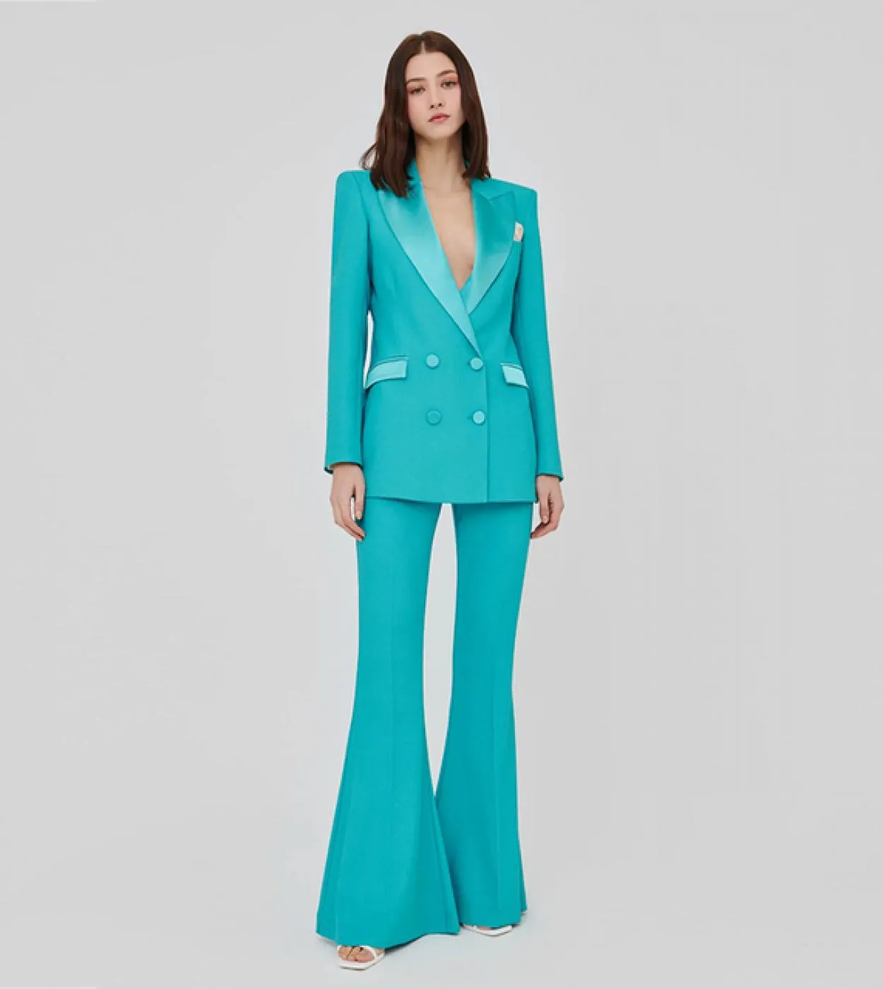 Completi di tailleur pantalone blazer Abito da ufficio blu lago arancione Pantaloni a doppio petto Pantaloni svasati Pantaloni b