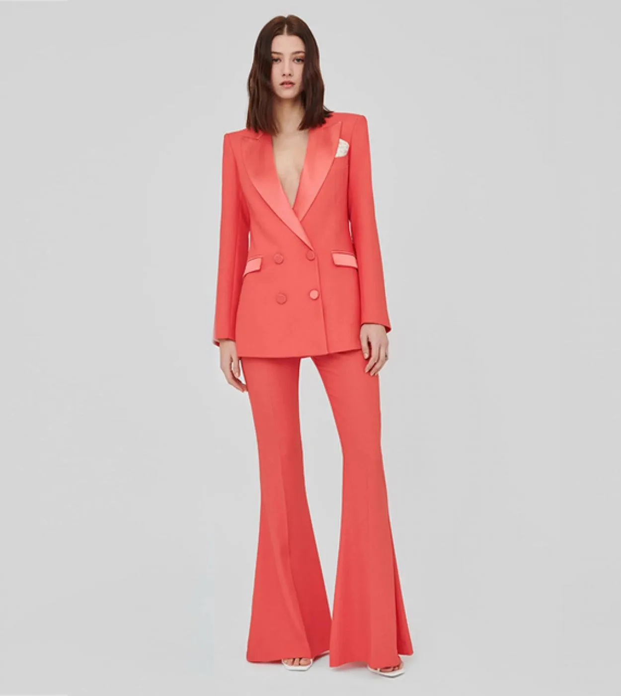 Completi di tailleur pantalone blazer Abito da ufficio blu lago arancione Pantaloni a doppio petto Pantaloni svasati Pantaloni b