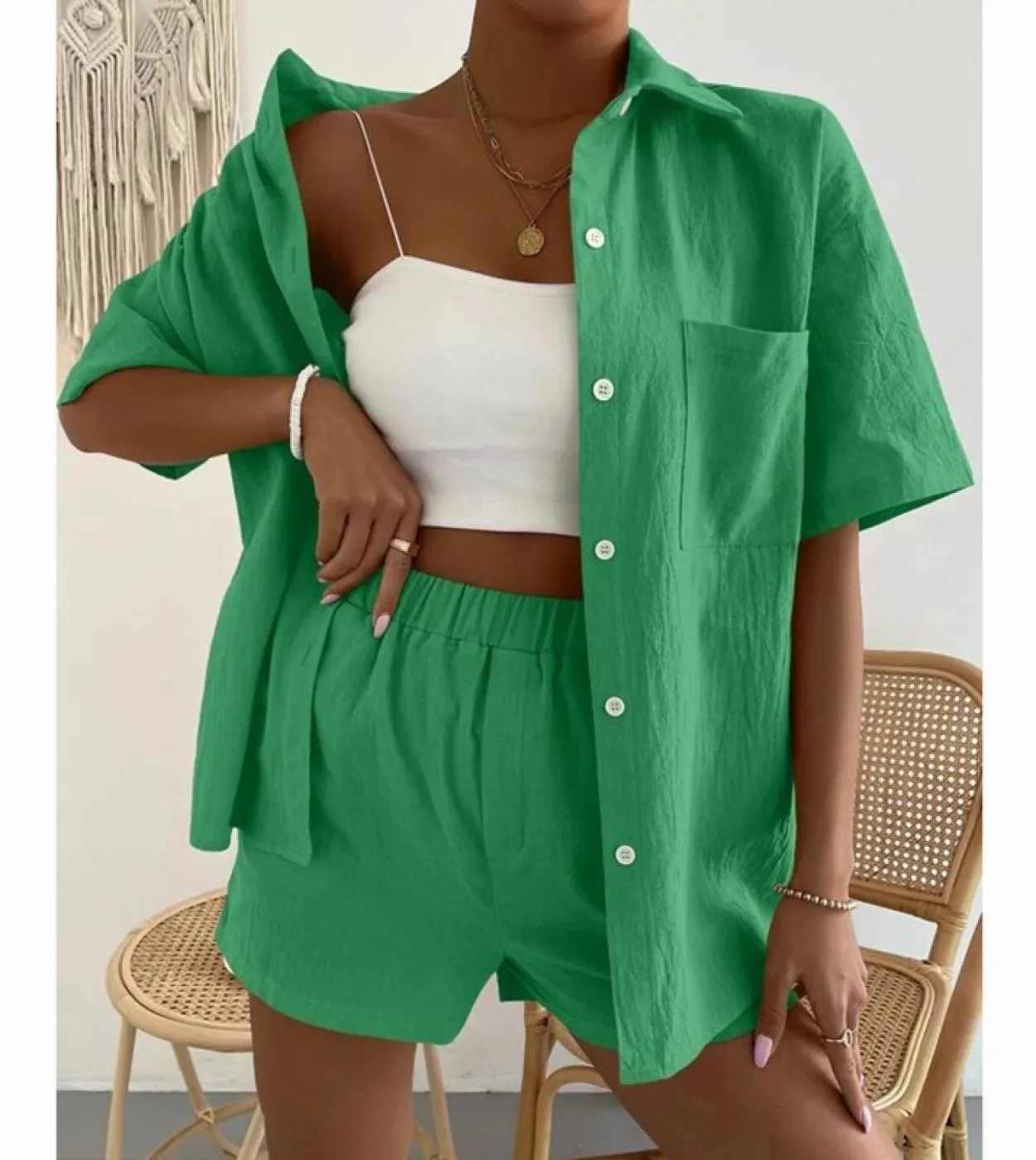 Completi estivi da 2 pezzi per top monopetto a maniche lunghe da donna e pantaloncini a gamba larga Set 2023 Completi da camicia