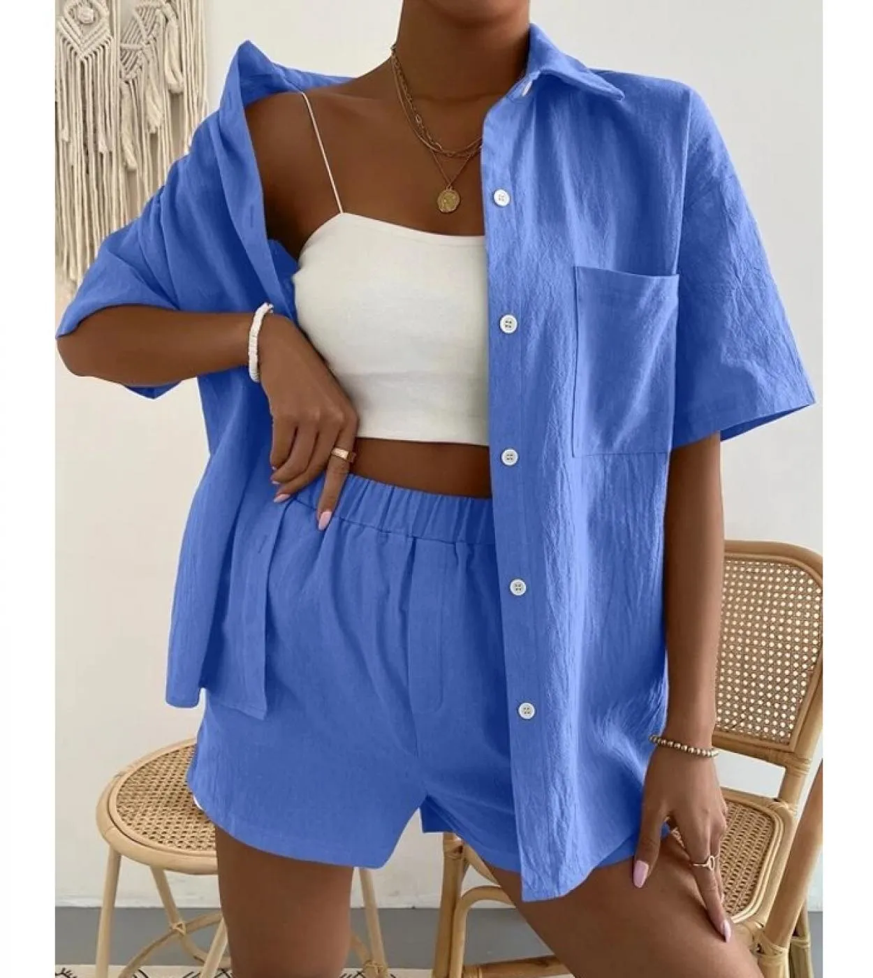 Completi estivi da 2 pezzi per top monopetto a maniche lunghe da donna e pantaloncini a gamba larga Set 2023 Completi da camicia