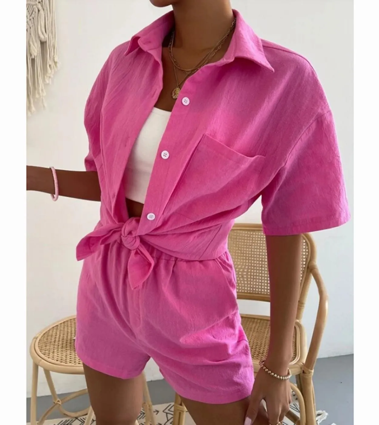 Completi estivi da 2 pezzi per top monopetto a maniche lunghe da donna e pantaloncini a gamba larga Set 2023 Completi da camicia