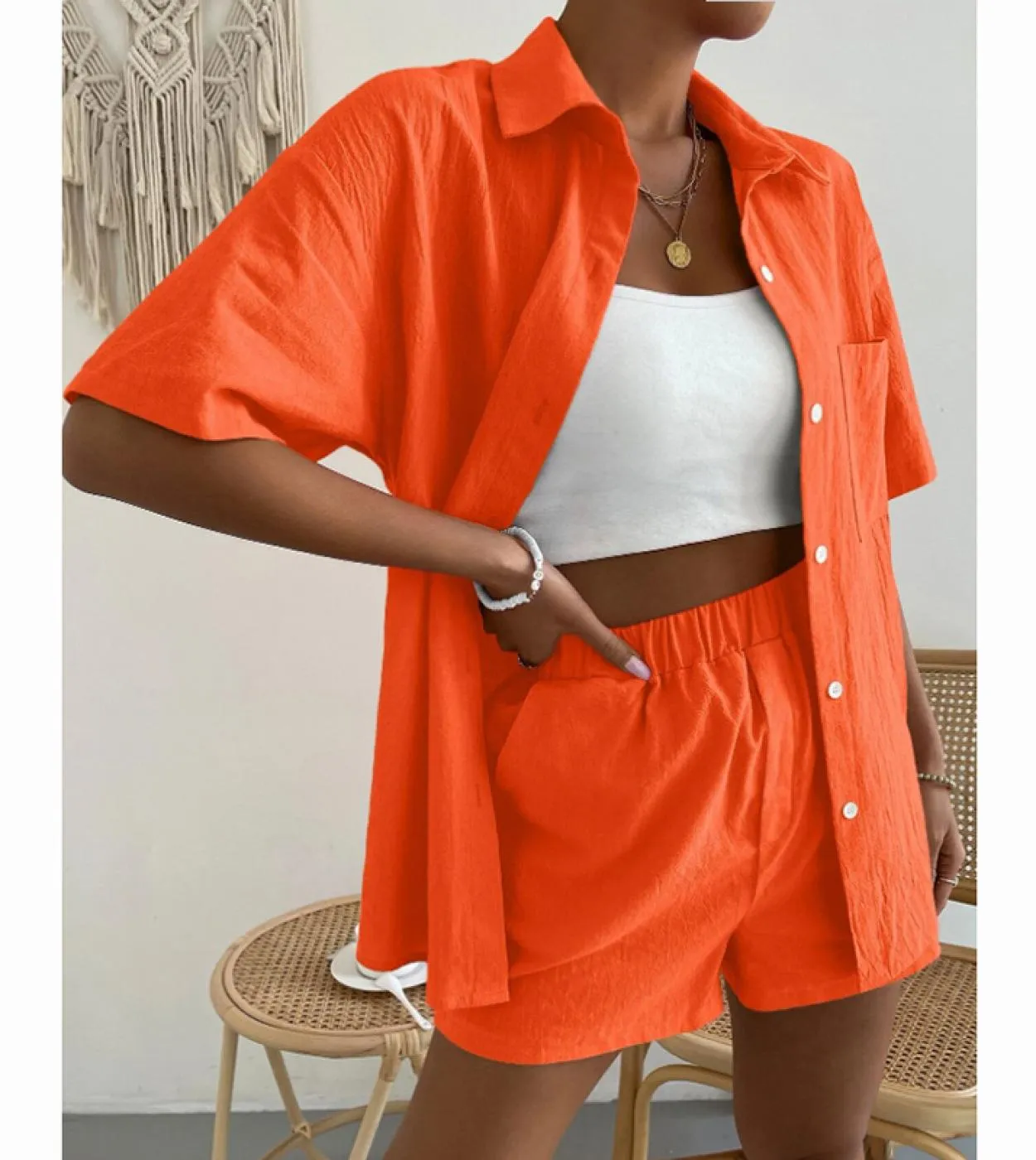 Completi estivi da 2 pezzi per top monopetto a maniche lunghe da donna e pantaloncini a gamba larga Set 2023 Completi da camicia