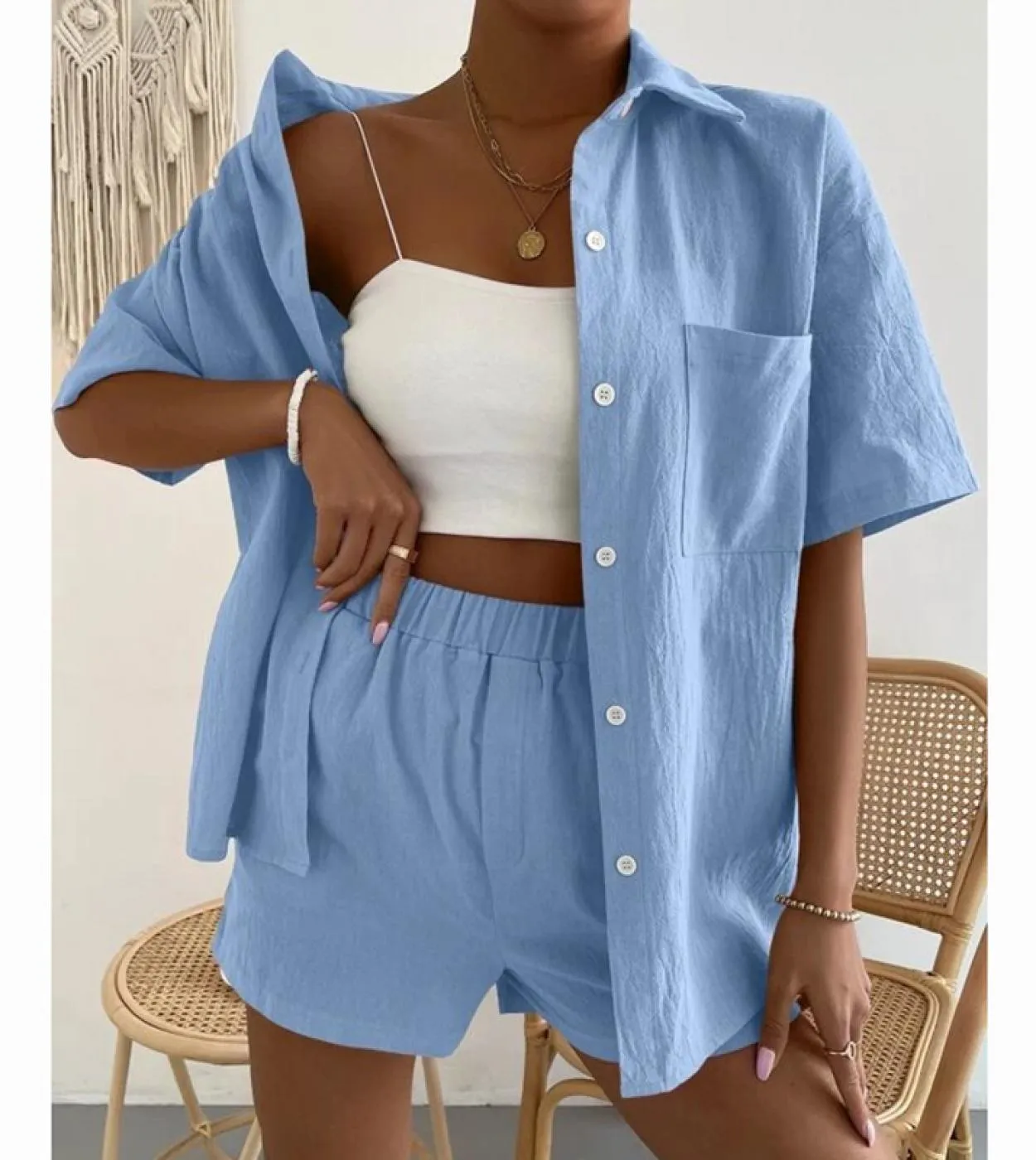 Completi estivi da 2 pezzi per top monopetto a maniche lunghe da donna e pantaloncini a gamba larga Set 2023 Completi da camicia