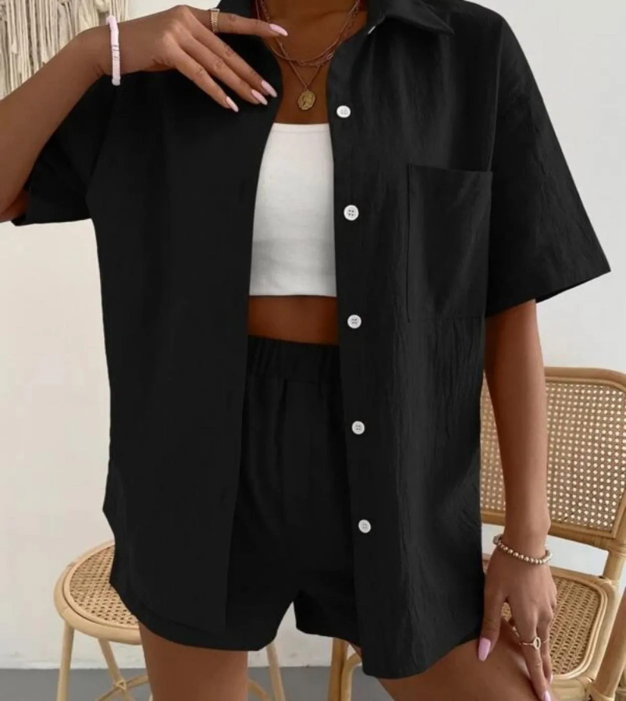 Completi estivi da 2 pezzi per top monopetto a maniche lunghe da donna e pantaloncini a gamba larga Set 2023 Completi da camicia