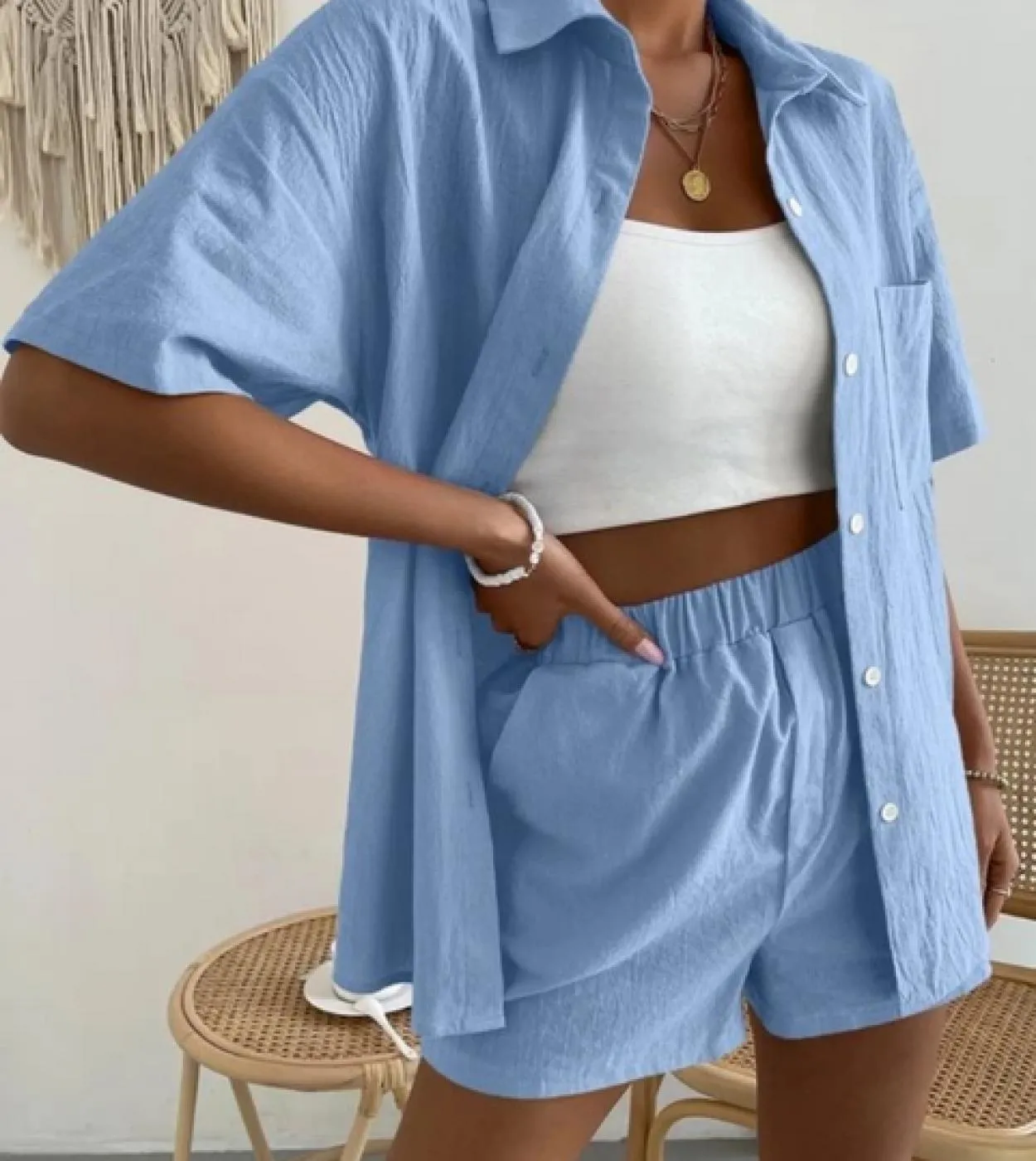 Completi estivi da 2 pezzi per top monopetto a maniche lunghe da donna e pantaloncini a gamba larga Set 2023 Completi da camicia