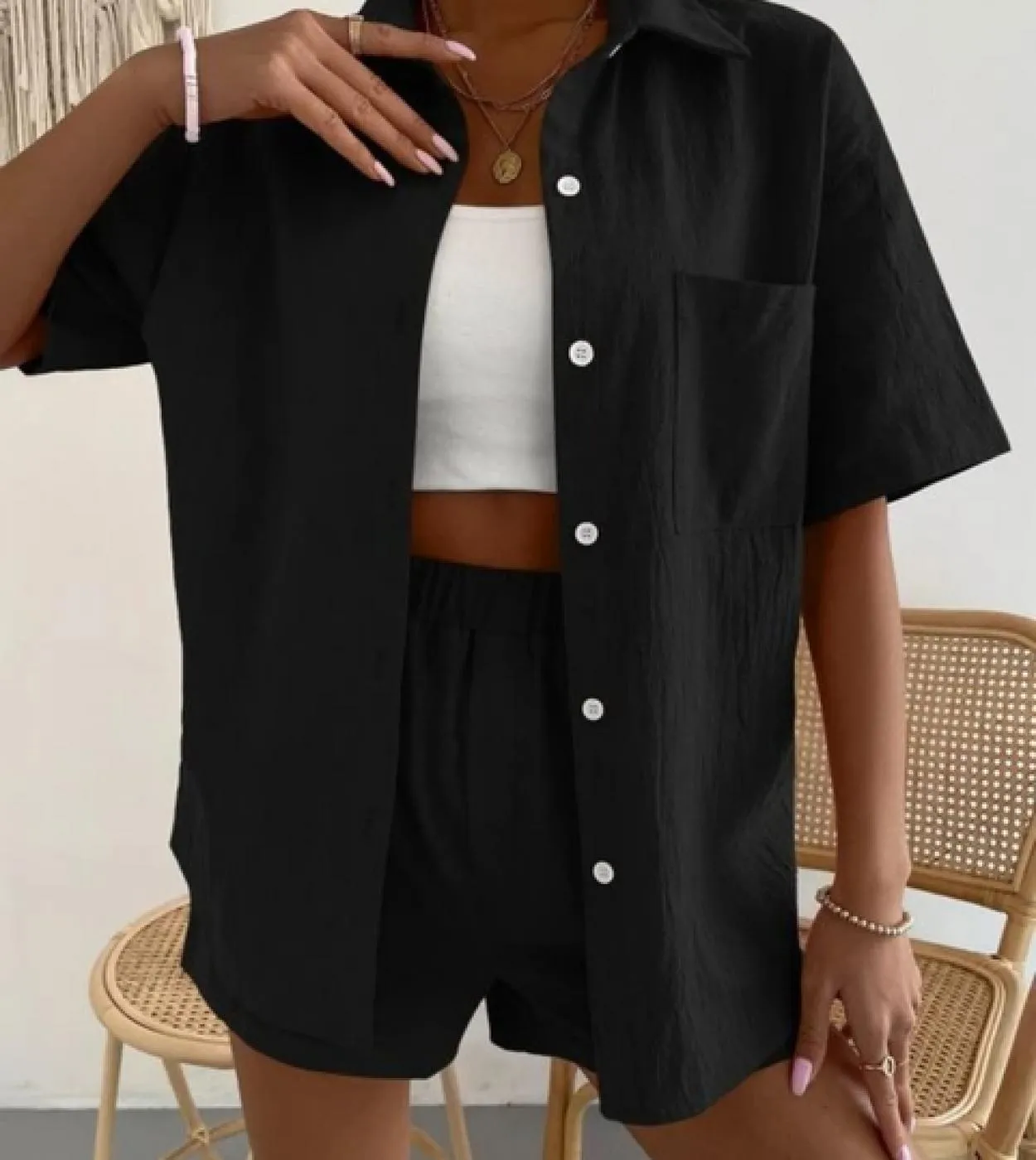Completi estivi da 2 pezzi per top monopetto a maniche lunghe da donna e pantaloncini a gamba larga Set 2023 Completi da camicia
