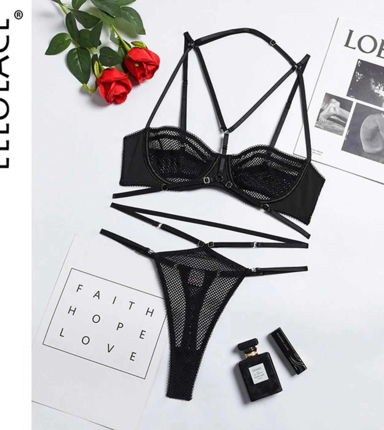 Ellolace Sensual Lingerie Mesh Reggiseno Trasparente Set Donna 2 Pezzi Halter Intimo Completi Completi Breves Set Reggiseno