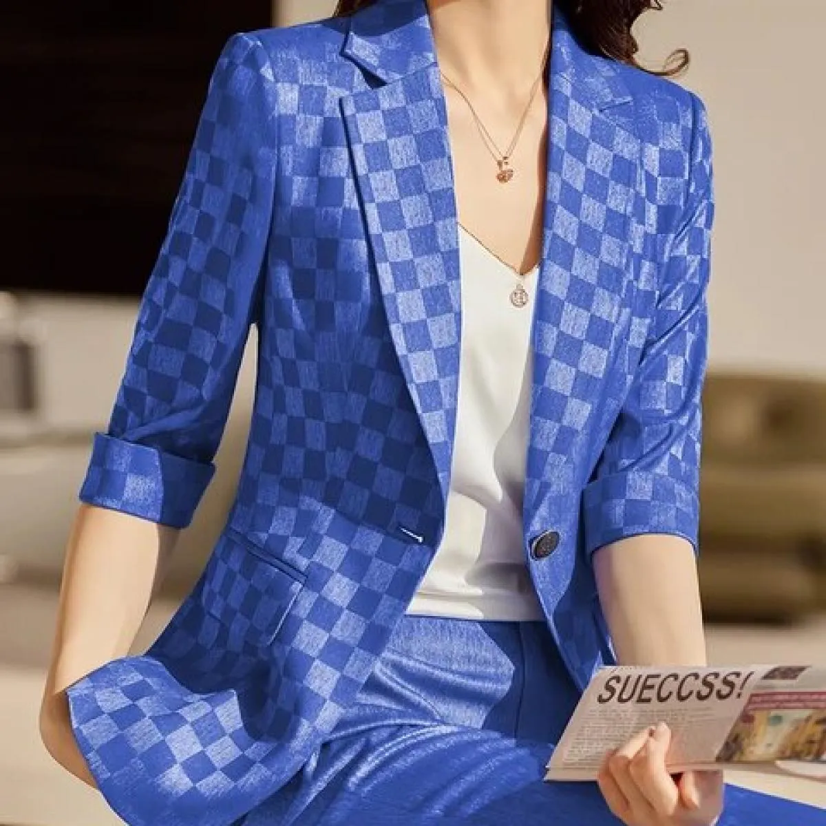 Giacca da donna estiva primavera moda da donna albicocca nera blu scozzese mezza manica giacca da lavoro femminile da lavoro