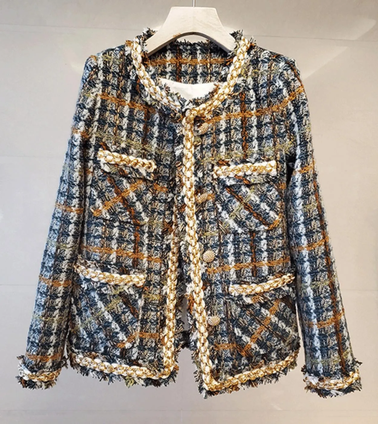 Giacca in tweed scozzese rosa blu Bottoni di design da donna O Collo Giacche invernali a maniche lunghe Capispalla Cappotto Bomb