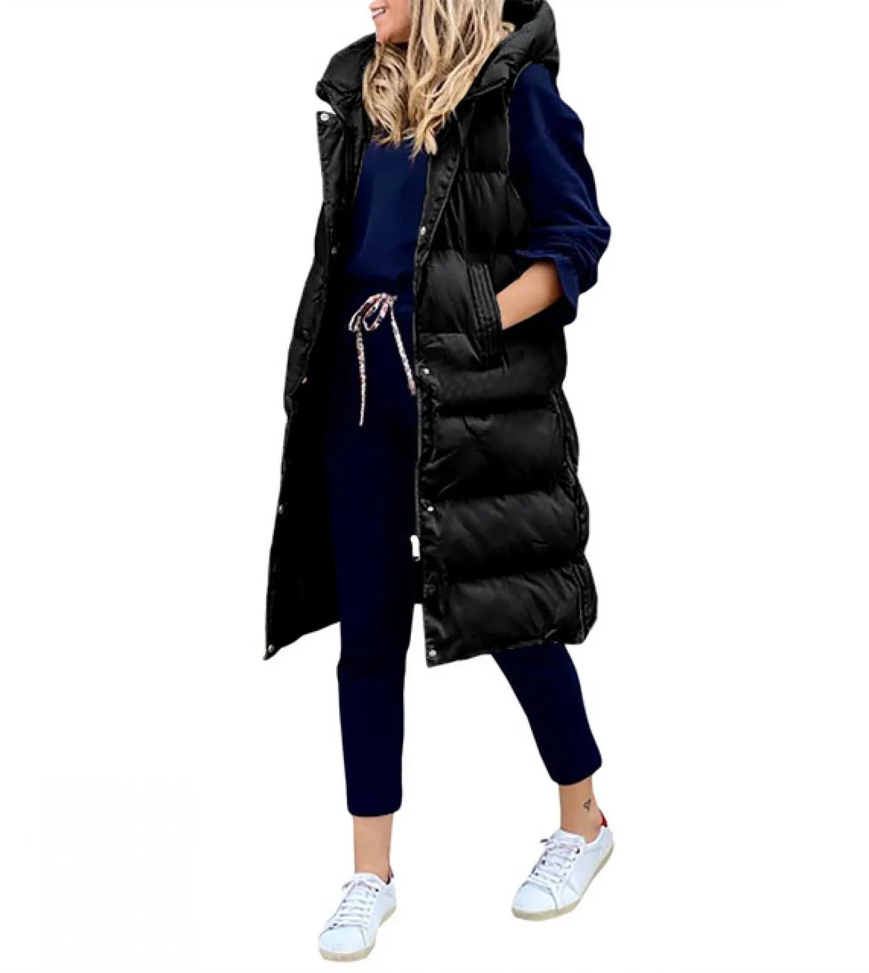 Gilet da donna con cappuccio, senza maniche, con cerniera, monopetto, lunghezza media, cappotti invernali streetwear