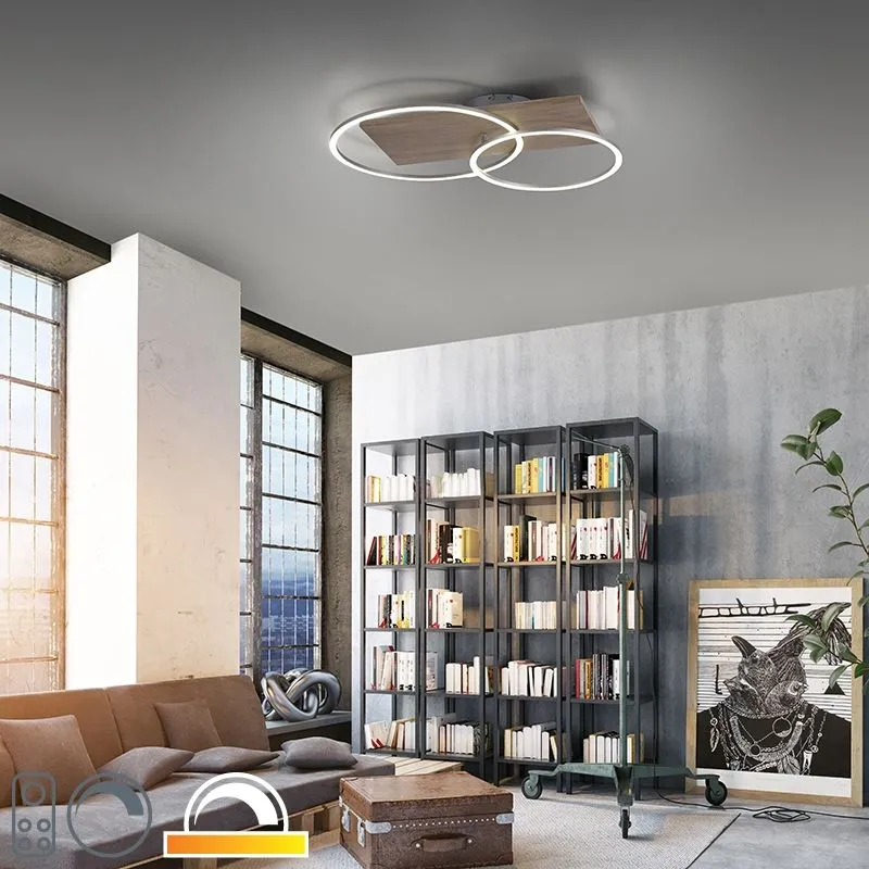 Lampada da soffitto in legno rotonda con LED 2 luci con telecomando - Ajdin