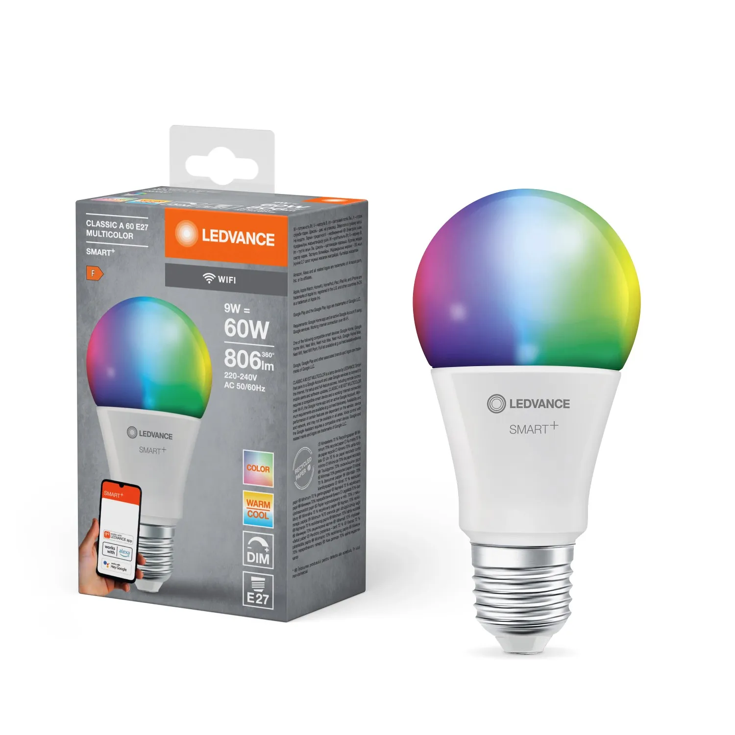 Lampadina LED a goccia Ledvance Smart Home WiFi RGBW E27 2700-6500 K 60 W 806 lm