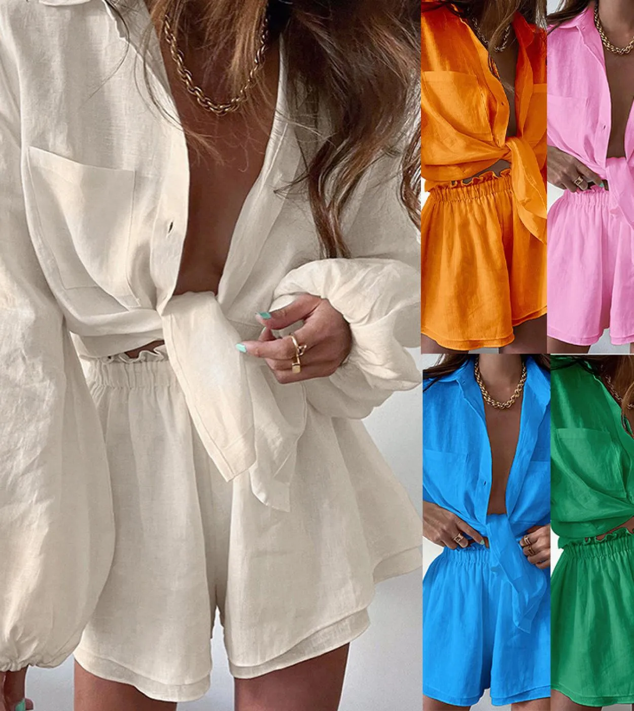 Pantaloncini a gamba larga primavera estate Completi da due pezzi Set da donna Camicie a maniche lunghe Completi larghi Abiti da