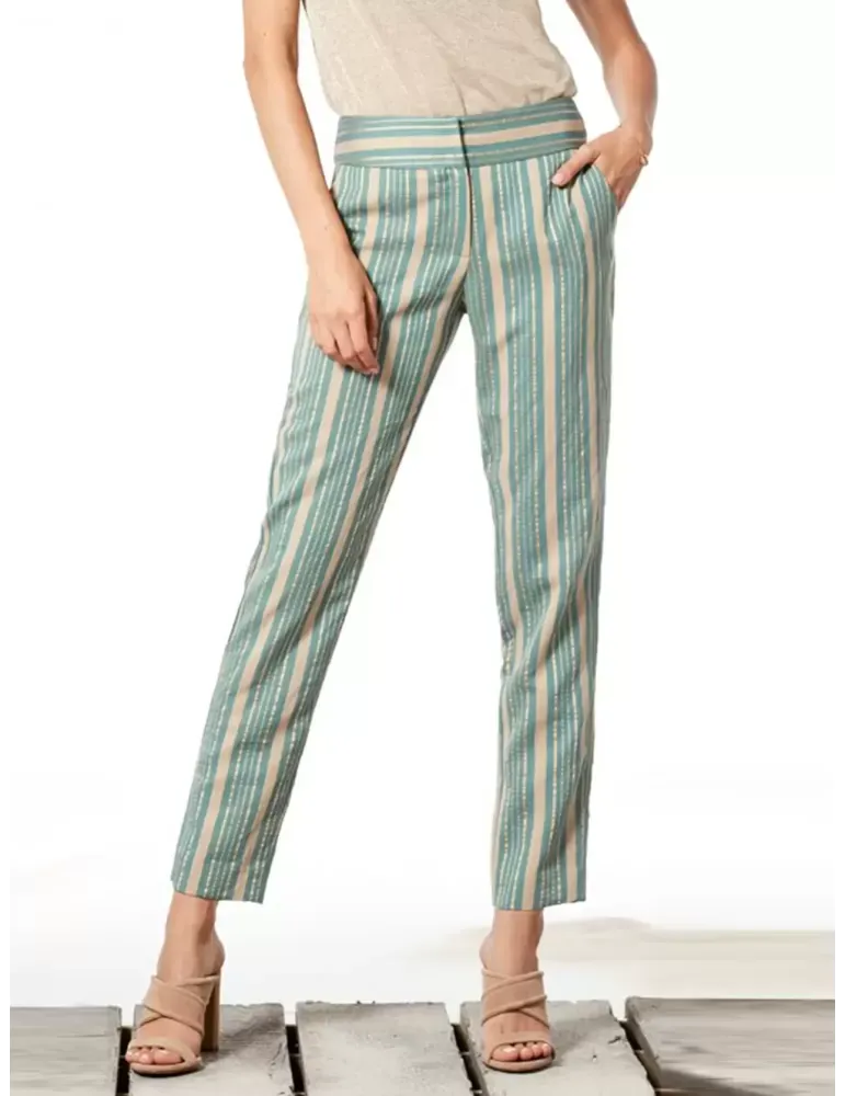 Pantaloni capri shantung righe oro e verde acqua Paz Torras