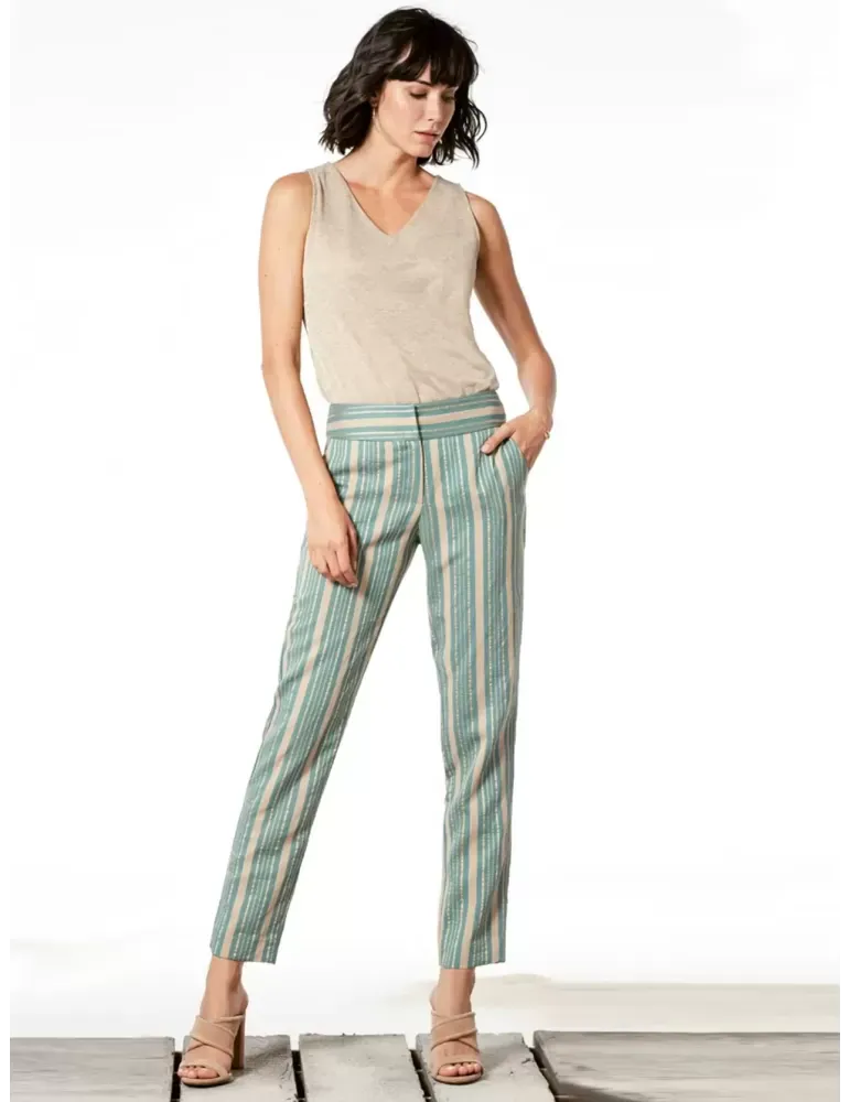 Pantaloni capri shantung righe oro e verde acqua Paz Torras