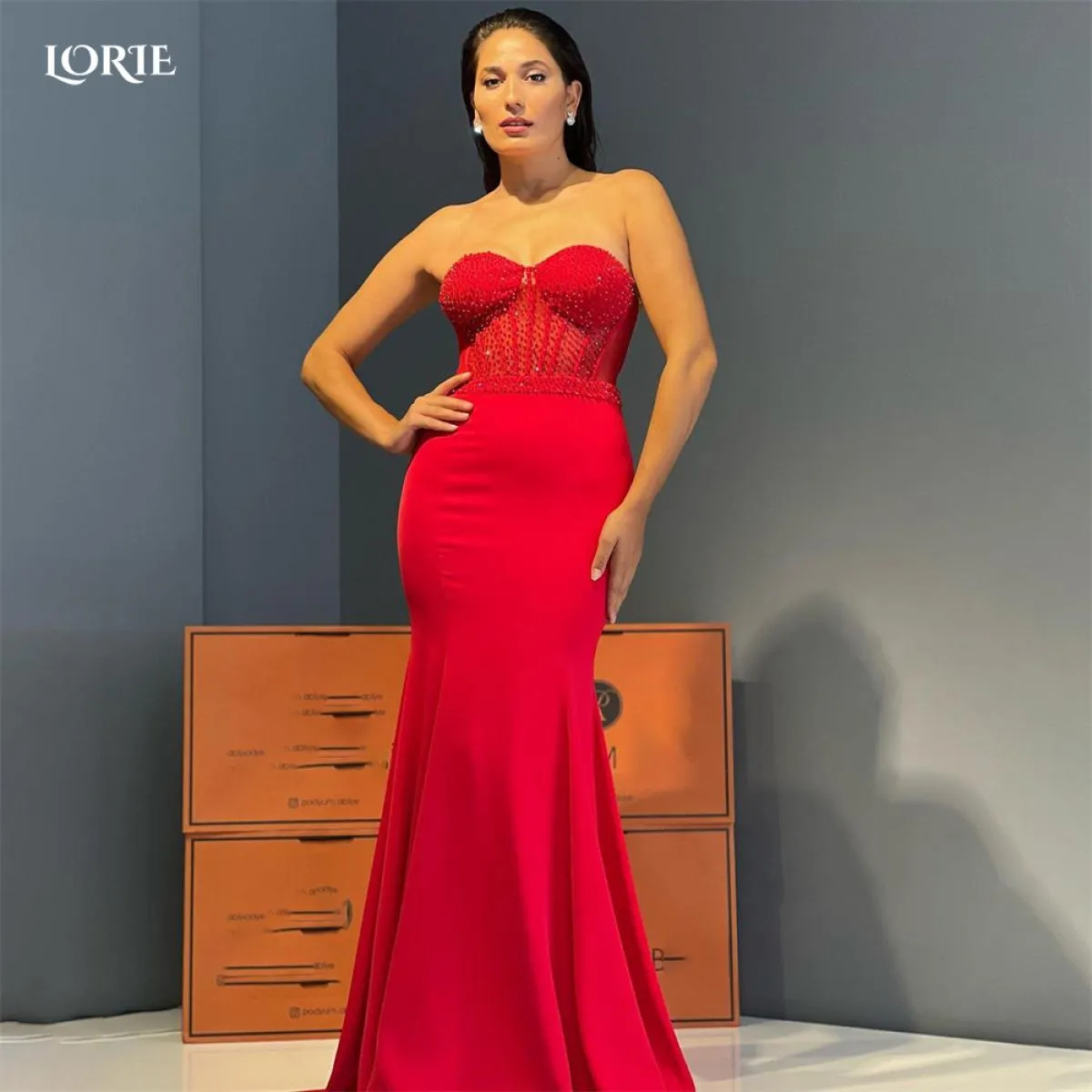 Perline glitterate Abiti da celebrità Abiti da sera Abito da ballo Rosso Spalla da sera