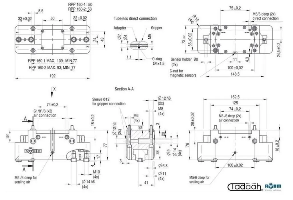 RPP-160 - Manipolatori Rohm - Pinze parallele a 2 griffe ad azionamento pneumatico, per automatizzazioni industriali portali e r