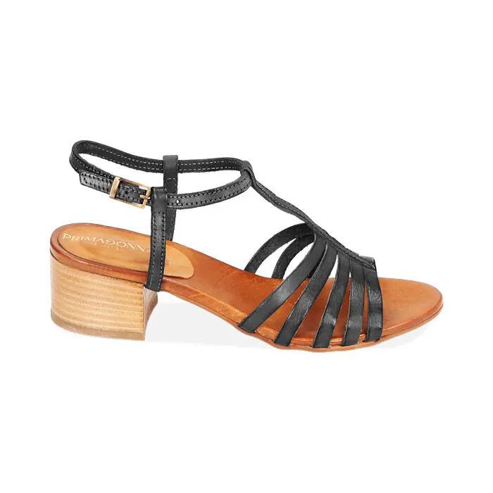 Sandali neri in pelle di vacchetta, tacco 4 cm