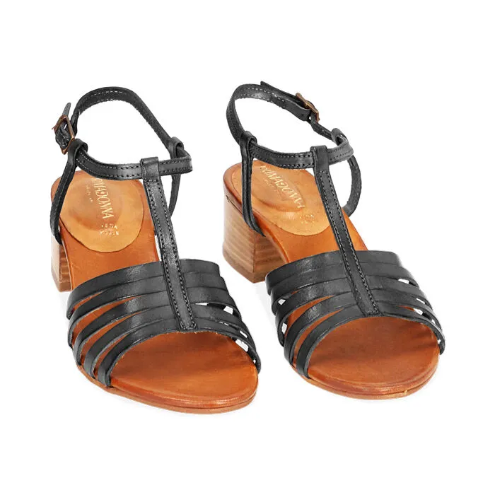 Sandali neri in pelle di vacchetta, tacco 4 cm