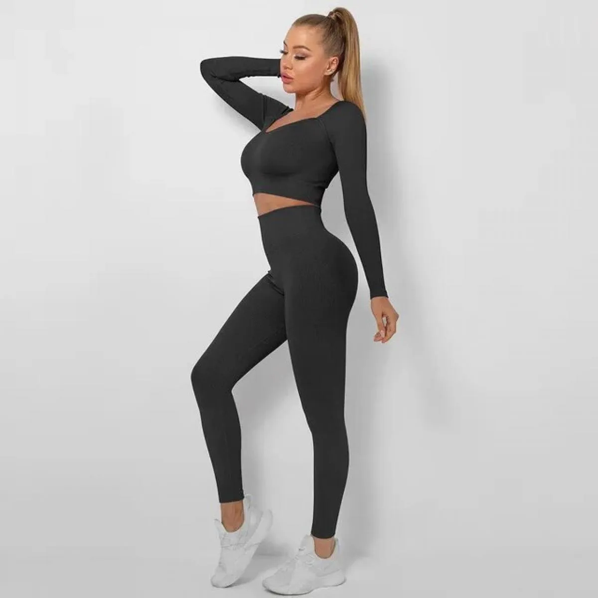 Set di vestiti per yoga Set di vestiti per yoga a maniche lunghe Completo senza cuciture Set di vestiti per allenamento femminil