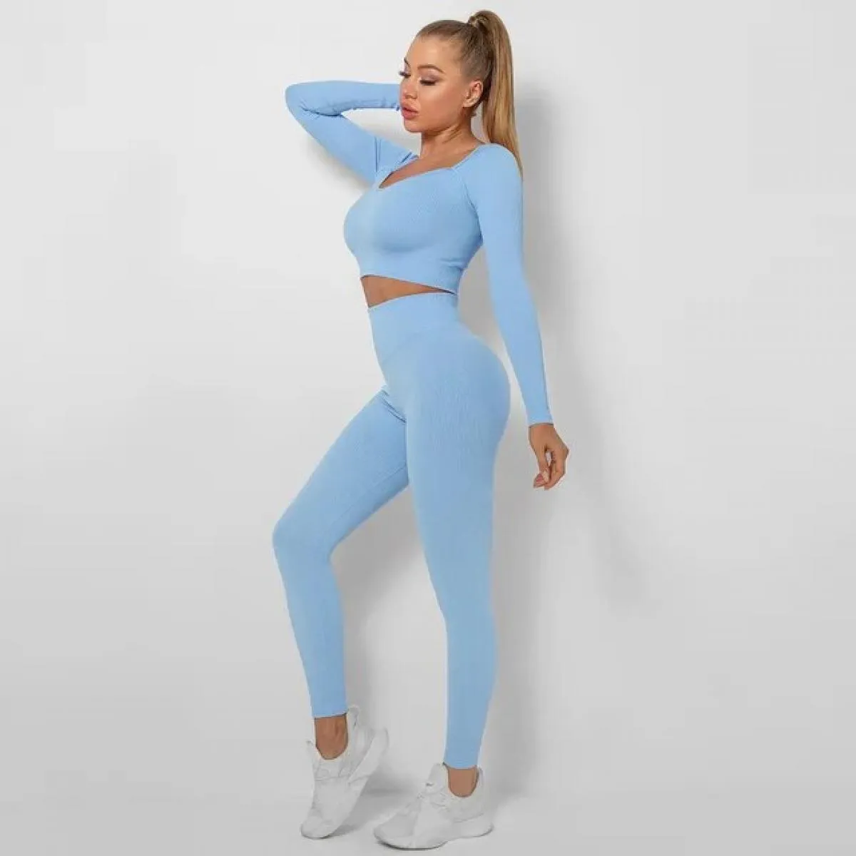 Set di vestiti per yoga Set di vestiti per yoga a maniche lunghe Completo senza cuciture Set di vestiti per allenamento femminil