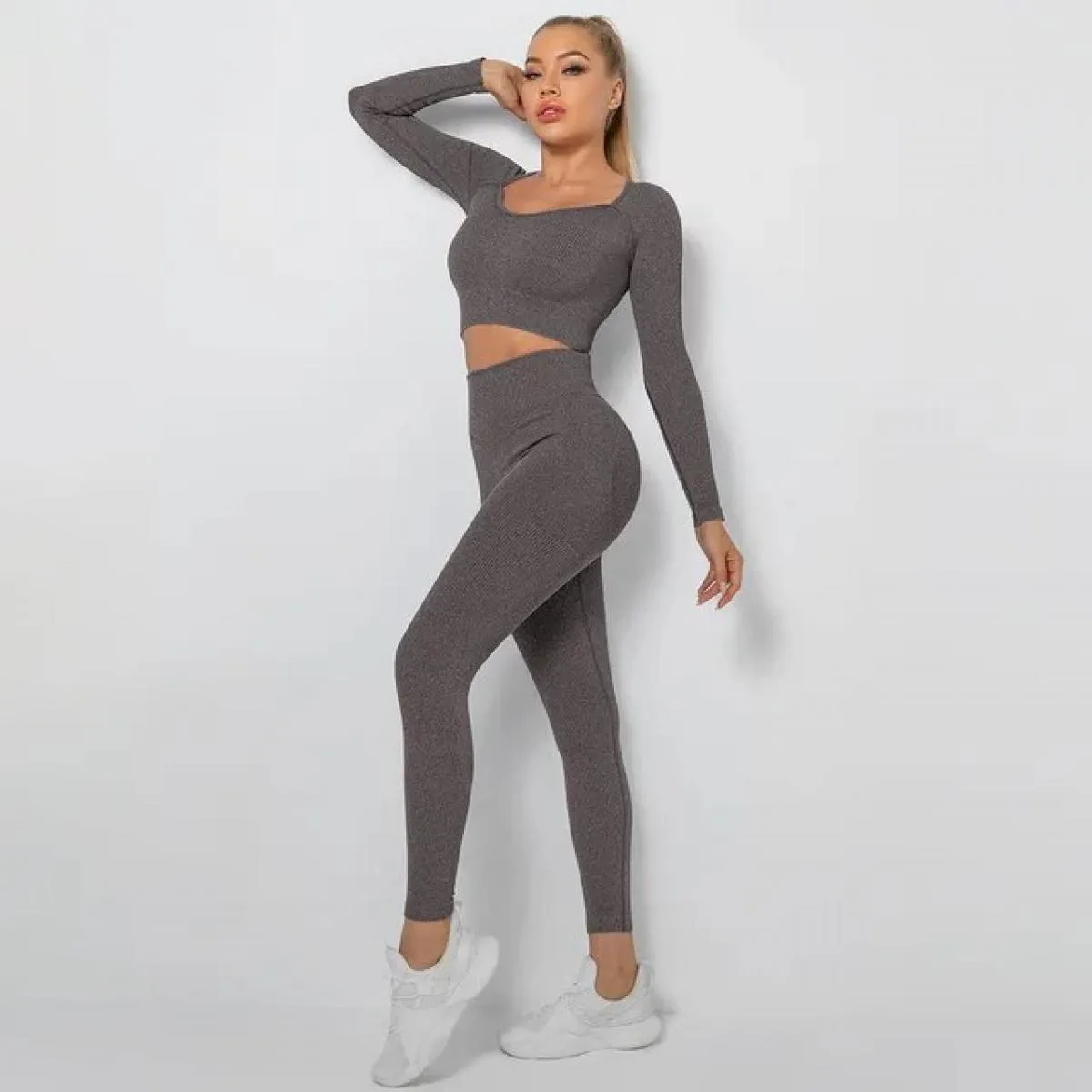 Set di vestiti per yoga Set di vestiti per yoga a maniche lunghe Completo senza cuciture Set di vestiti per allenamento femminil