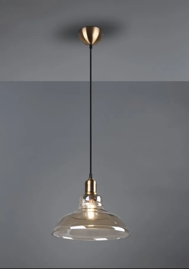 Sospensione Singola Aldo 1xE27 Ottone Anticato e Paralume Vetro Ambra Ø28 cm Trio Lighting