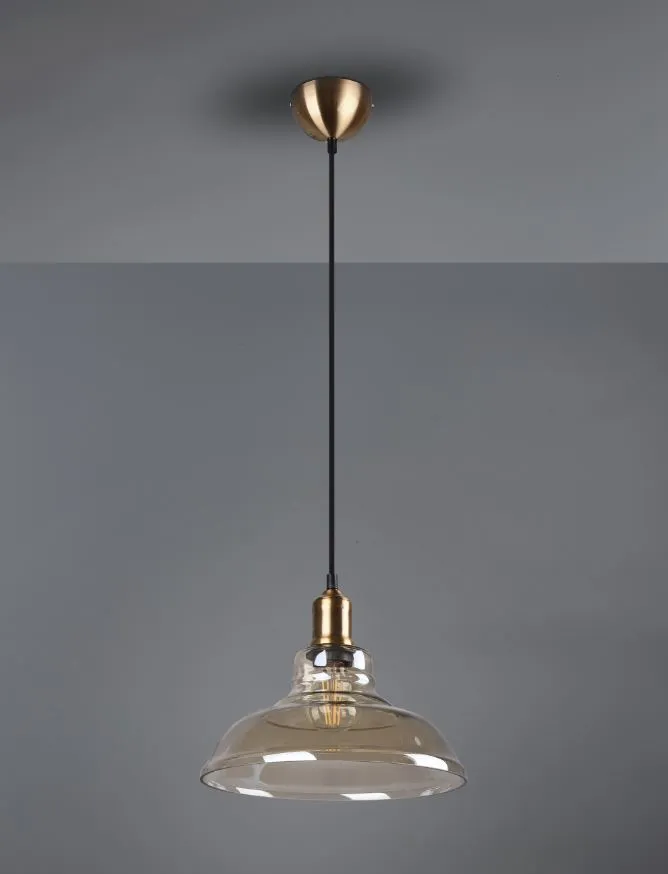 Sospensione Singola Aldo 1xE27 Ottone Anticato e Paralume Vetro Ambra Ø28 cm Trio Lighting