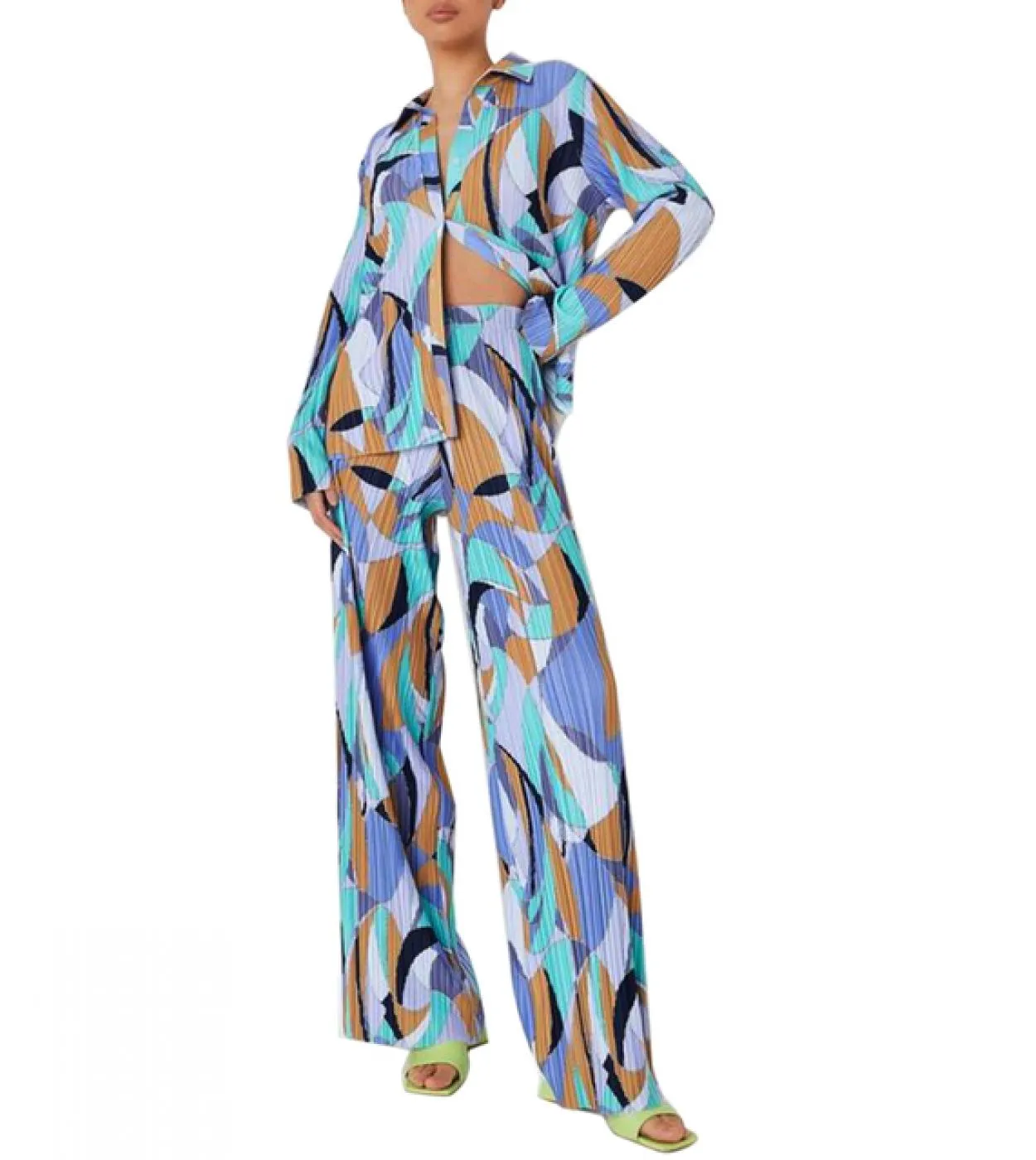 Tetyseysh Completi da donna 2 pezzi pieghettati Moda donna manica lunga camicia abbottonata pantaloni linea larga set coordinati